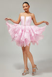 Pink A Line Corset Tiered Short Homecoming Dress with Ruffles