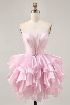 Pink A Line Corset Tiered Short Homecoming Dress with Ruffles