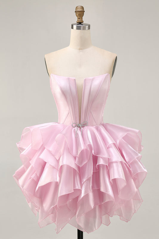 Pink A Line Corset Tiered Short Homecoming Dress with Ruffles