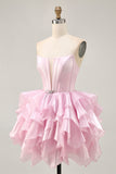 Pink A Line Corset Tiered Short Homecoming Dress with Ruffles