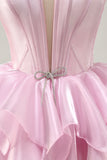 Pink A Line Corset Tiered Short Homecoming Dress with Ruffles