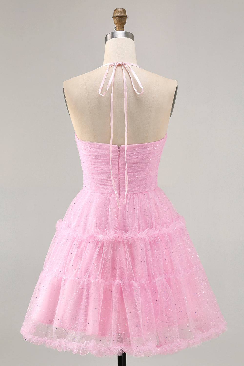 Glitter Pink Ruffled Short Homecoming Dress with Keyhole