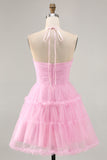 Glitter Pink Ruffled Short Homecoming Dress with Keyhole
