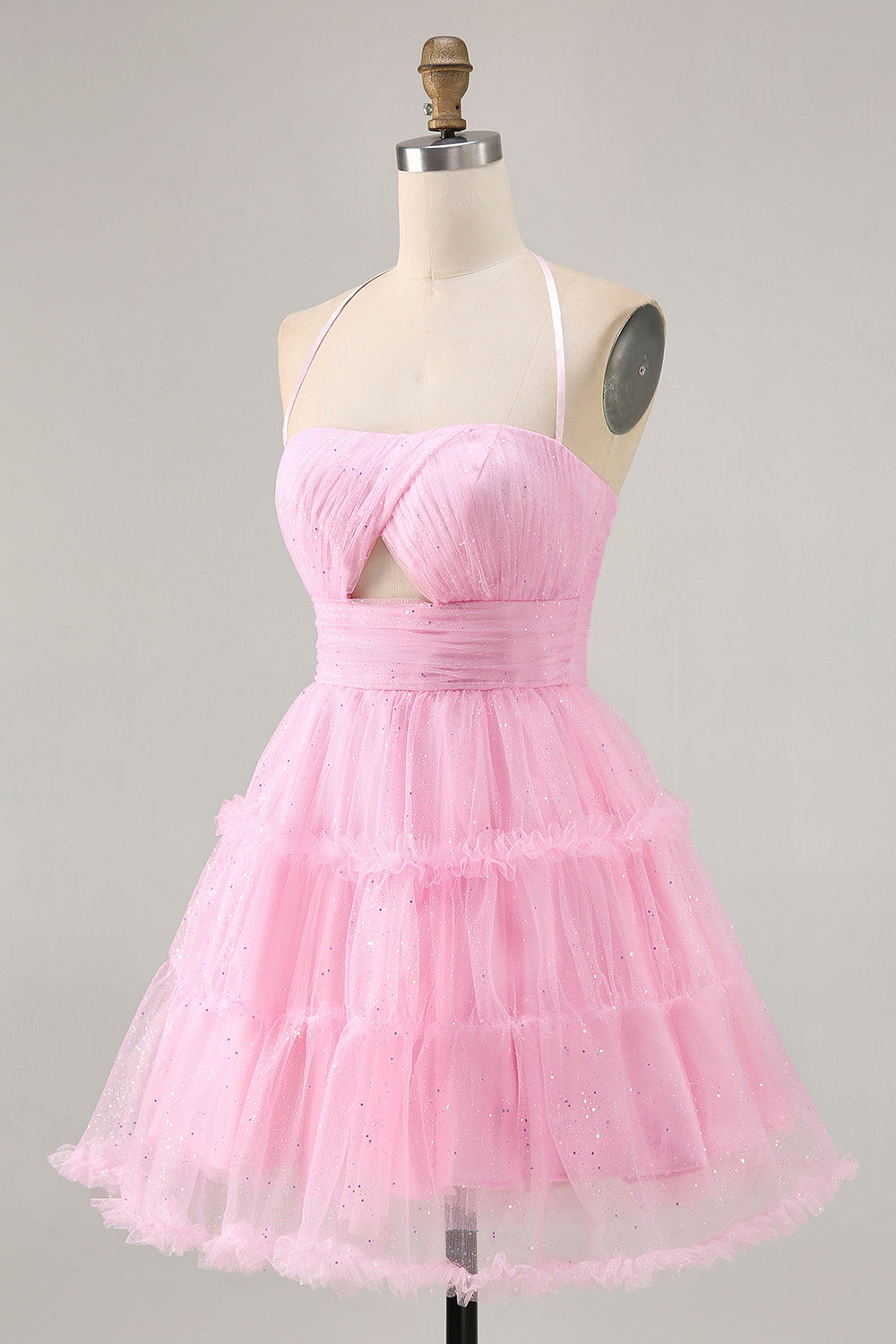 Glitter Pink Ruffled Short Homecoming Dress with Keyhole