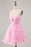 Glitter Pink Ruffled Short Homecoming Dress with Keyhole