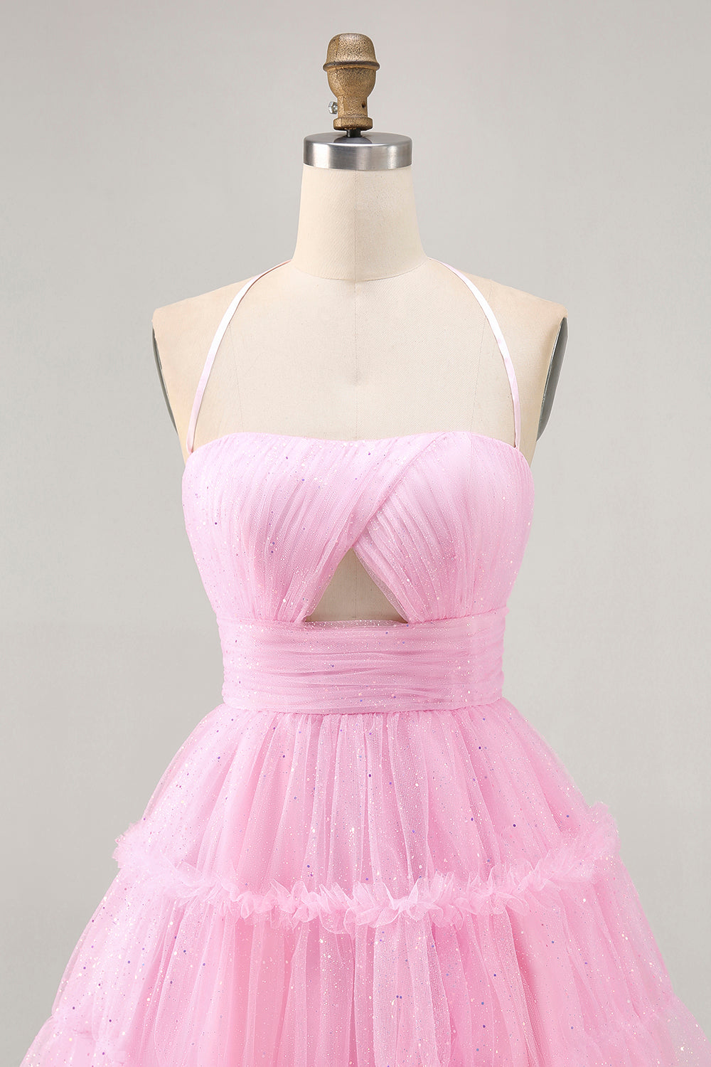 Glitter Pink Ruffled Short Homecoming Dress with Keyhole