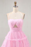 Glitter Pink Ruffled Short Homecoming Dress with Keyhole