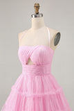 Glitter Pink Ruffled Short Homecoming Dress with Keyhole