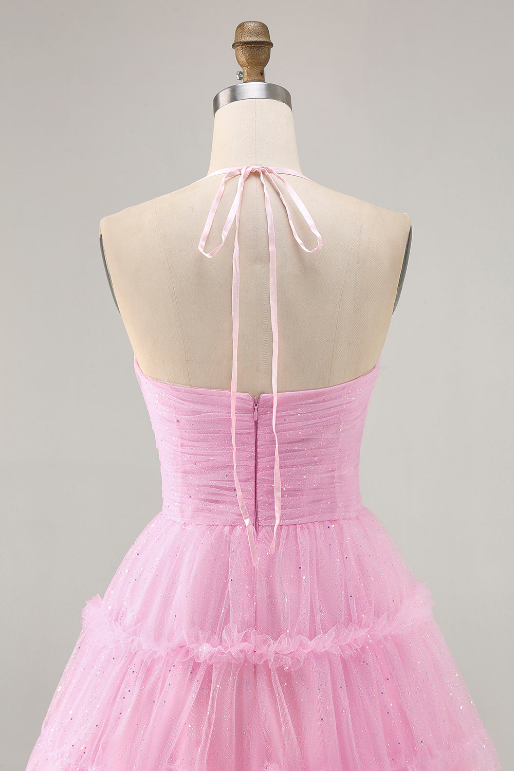 Glitter Pink Ruffled Short Homecoming Dress with Keyhole
