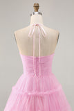 Glitter Pink Ruffled Short Homecoming Dress with Keyhole