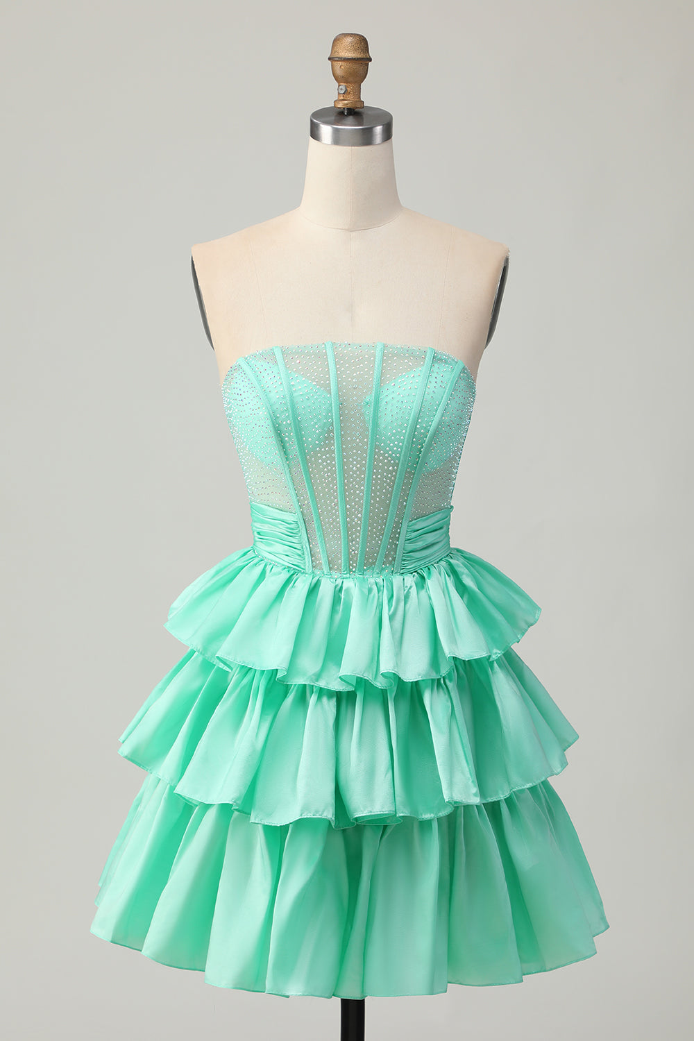 Sparkly Green Corset A Line Short Bow Homecoming Dress with Ruffles
