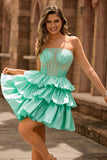 Sparkly Red Corset Strapless Bow Short Homecoming Dress with Ruffles