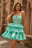 Sparkly Green Corset A Line Short Bow Homecoming Dress with Ruffles