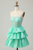 Sparkly Red Ruffled Corset Strapless Short Homecoming Dress with Bow