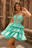 Sparkly Green Corset A Line Short Bow Homecoming Dress with Ruffles