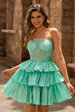 Sparkly Red Corset Strapless Bow Short Homecoming Dress with Ruffles