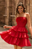Sparkly Red Corset Strapless Bow Short Homecoming Dress with Ruffles