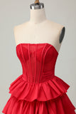 Sparkly Red Ruffled Corset Strapless Short Homecoming Dress with Bow