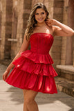 Sparkly Red Corset Strapless Bow Short Homecoming Dress with Ruffles