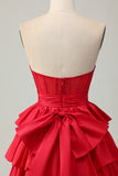 Sparkly Red Ruffled Corset Strapless Short Homecoming Dress with Bow