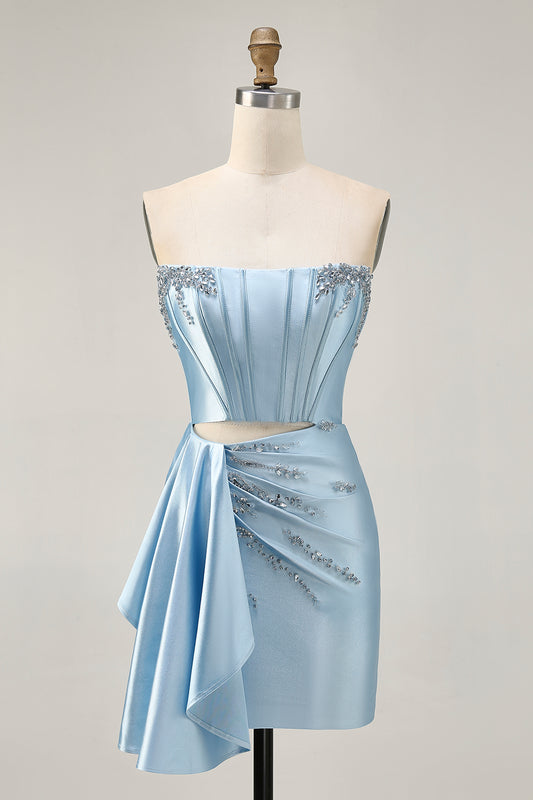 Sparkly Blue Corset Tight Short Homecoming Dress with Ruffles