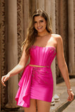 Sparkly Fuchsia Corset Strapless Tight Short Homecoming Dress with Beading