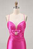 Fuchsia Tight Satin Short Keyhole Homecoming Dress with Bow