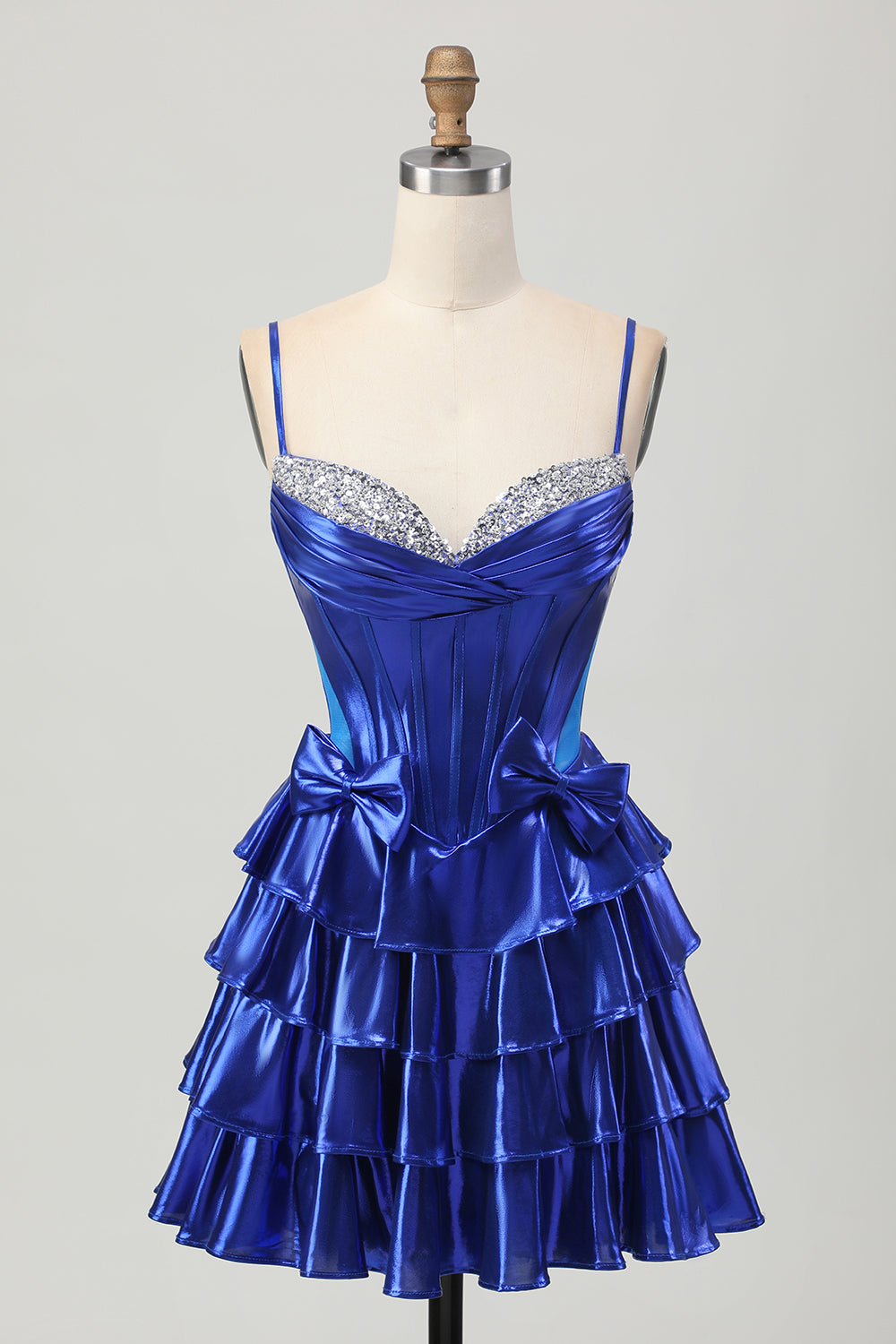 Sparkly Royal Blue Corset Metallic Short Ruffled Homecoming Dress with Bows