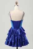 Sparkly Royal Blue Corset Metallic Short Ruffled Homecoming Dress with Bows