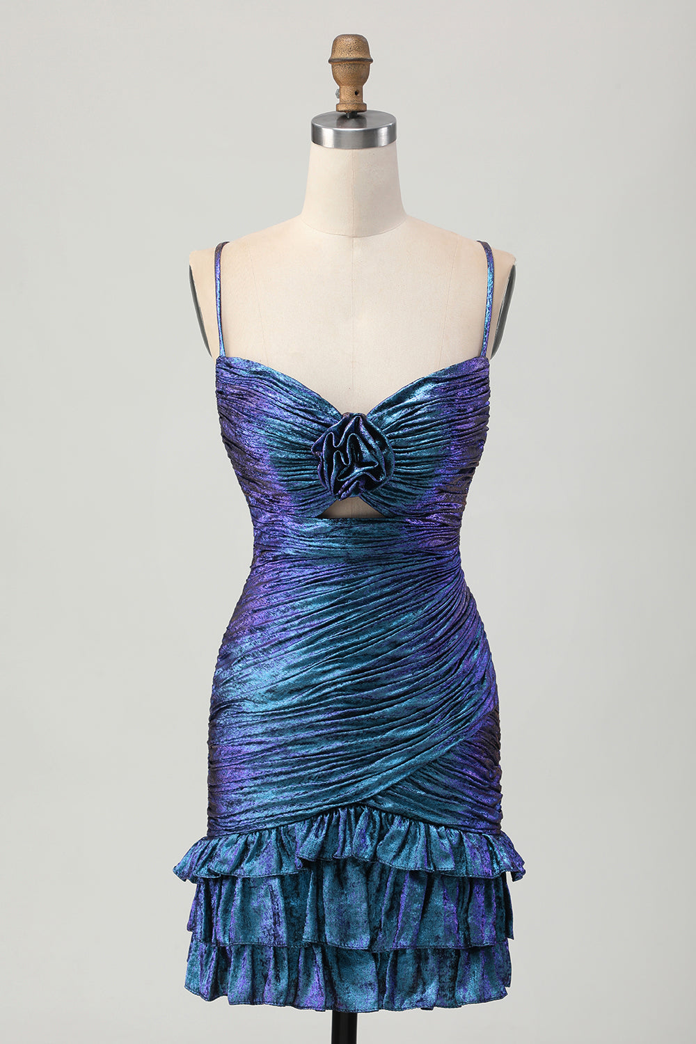 Sparkly Blue and Purple Metallic Tight Short Floral Homecoming Dress with Ruffles