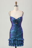 Sparkly Blue and Purple Metallic Floral Tight Short Homecoming Dress with Ruffles
