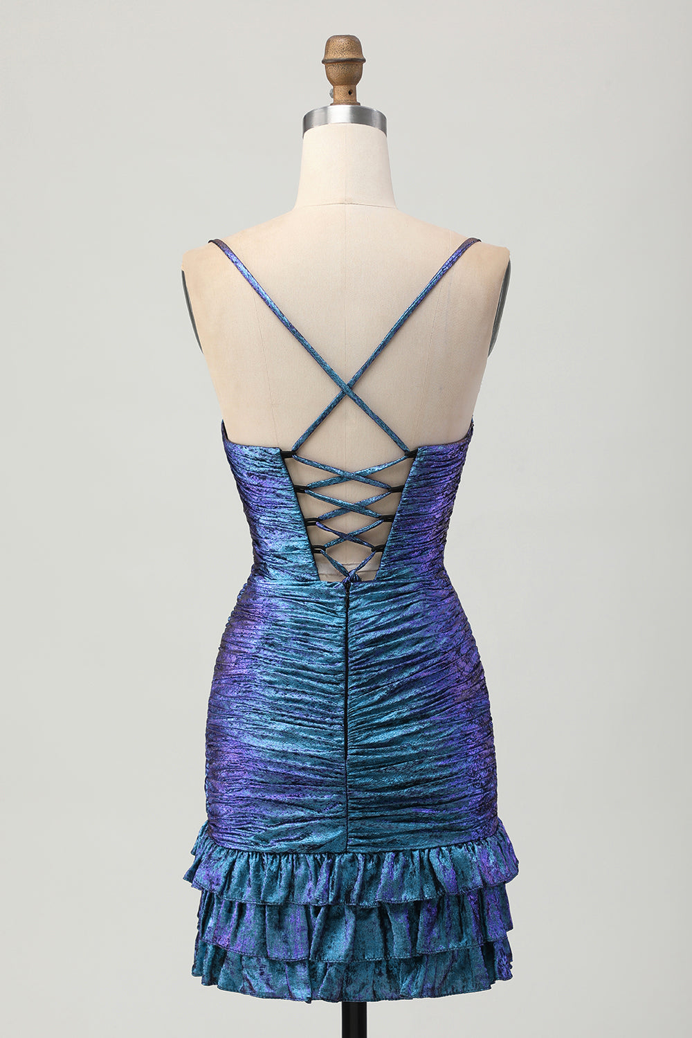 Sparkly Blue and Purple Metallic Tight Short Floral Homecoming Dress with Ruffles