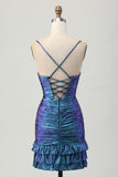 Sparkly Blue and Purple Metallic Floral Tight Short Homecoming Dress with Ruffles