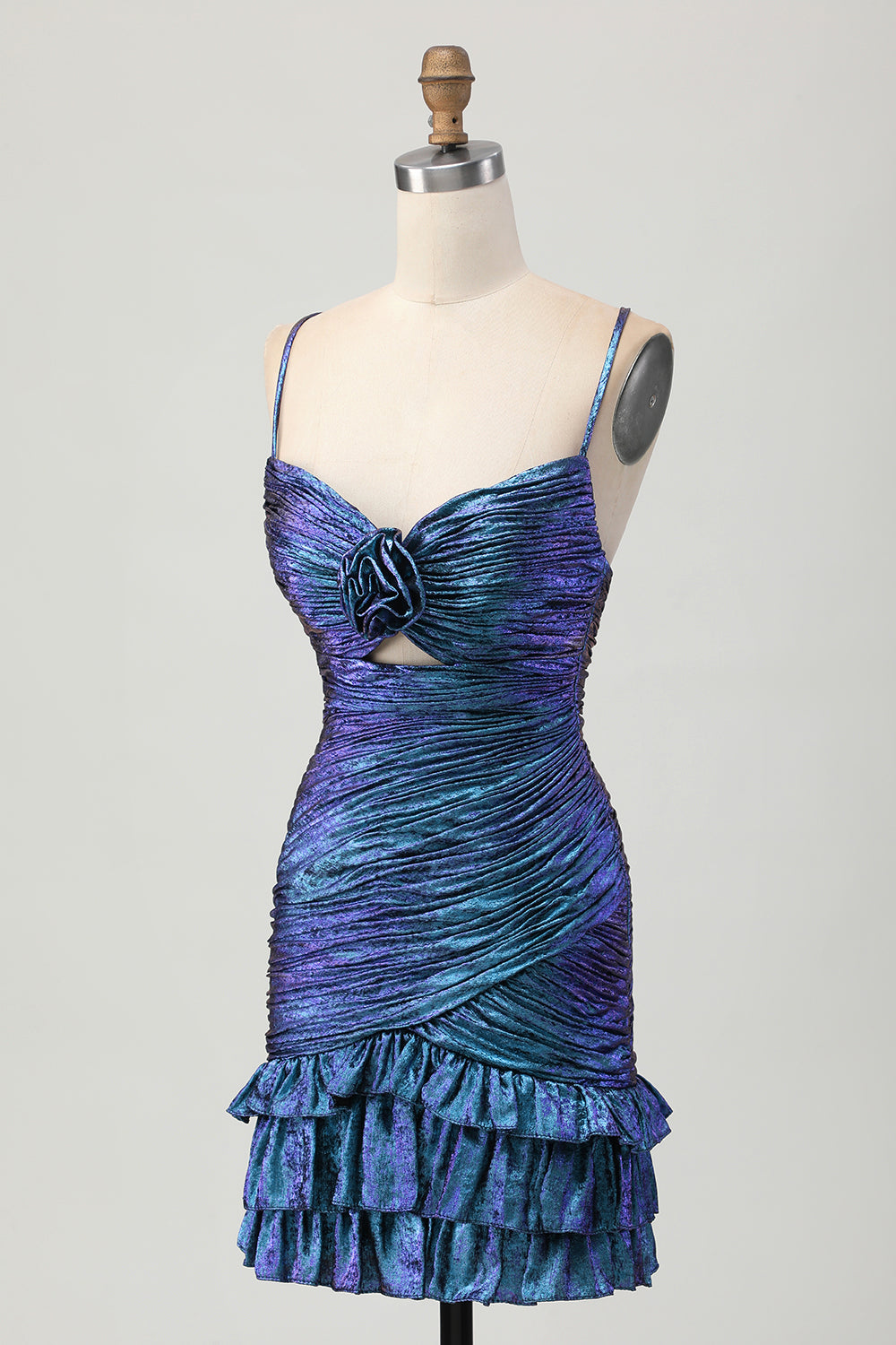 Sparkly Blue and Purple Metallic Floral Tight Short Homecoming Dress with Ruffles