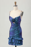 Sparkly Blue and Purple Metallic Floral Tight Short Homecoming Dress with Ruffles
