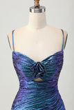 Sparkly Blue and Purple Metallic Floral Tight Short Homecoming Dress with Ruffles