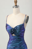 Sparkly Blue and Purple Metallic Floral Tight Short Homecoming Dress with Ruffles