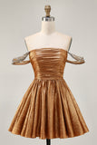 Sparkly Green Metallic A Line Off the Shoulder Short Homecoming Dress