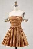 Sparkly Green Metallic A Line Off the Shoulder Short Homecoming Dress