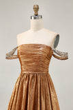 Sparkly Green Metallic A Line Off the Shoulder Short Homecoming Dress
