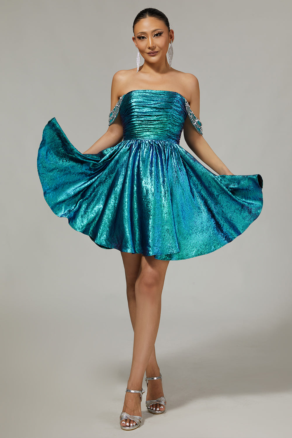 Sparkly Golden Metallic Off the Shoulder A Line Short Homecoming Dress