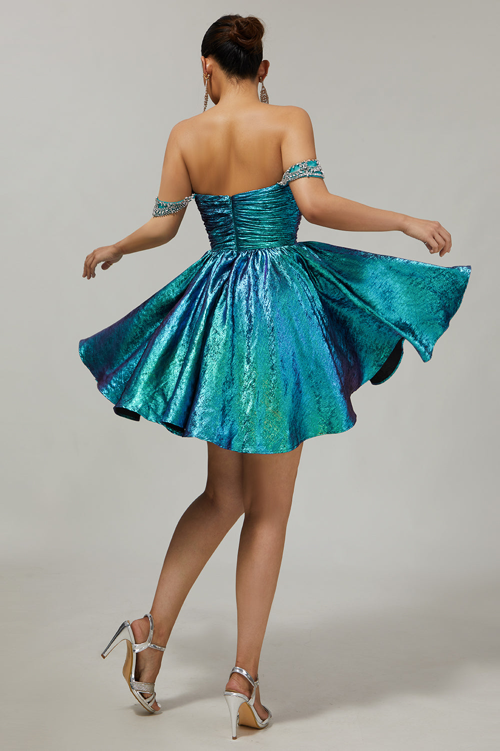 Sparkly Golden Metallic Off the Shoulder A Line Short Homecoming Dress