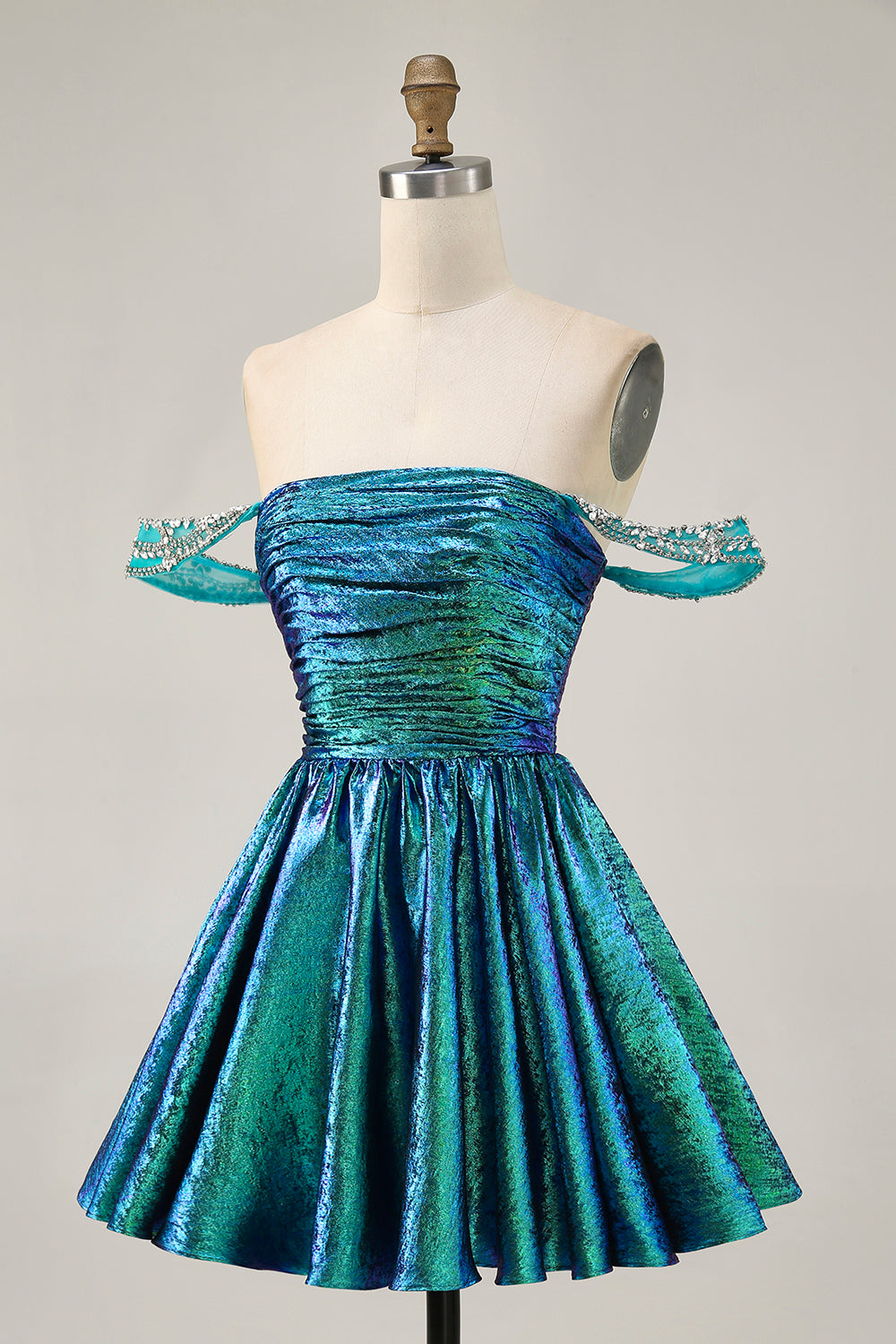 Sparkly Green Metallic A Line Off the Shoulder Short Homecoming Dress