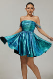 Sparkly Green Metallic A Line Off the Shoulder Short Homecoming Dress