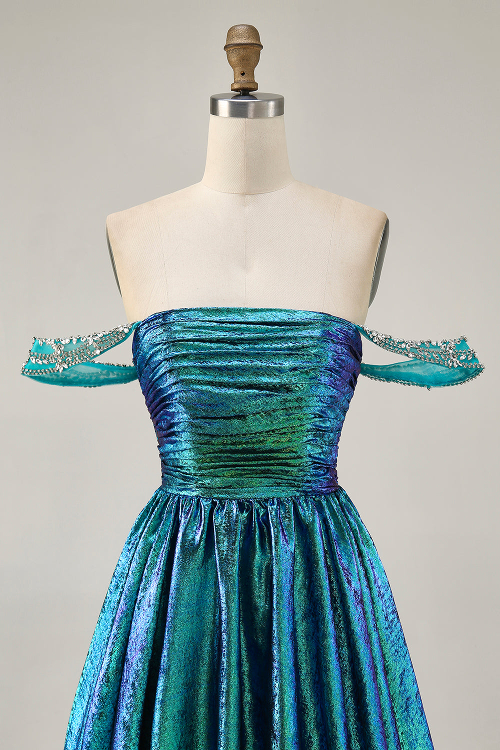 Sparkly Green Metallic A Line Off the Shoulder Short Homecoming Dress