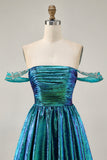 Sparkly Green Metallic A Line Off the Shoulder Short Homecoming Dress