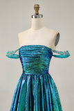 Sparkly Green Metallic A Line Off the Shoulder Short Homecoming Dress