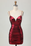 Burgundy Ruched Metallic Tight Spaghetti Straps Short Homecoming Dress