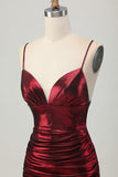Burgundy Tight Ruched Spaghetti Straps Short Metallic Homecoming Dress