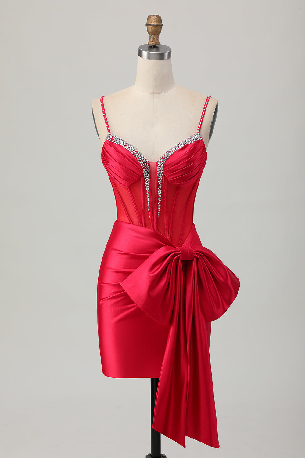 Sparkly Red Tight Corset Bow Short Homecoming Dress with Beading